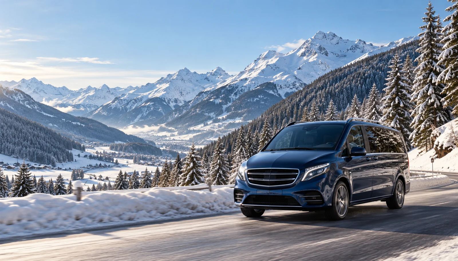 Illustrative private transfer in a Swiss alpine valley